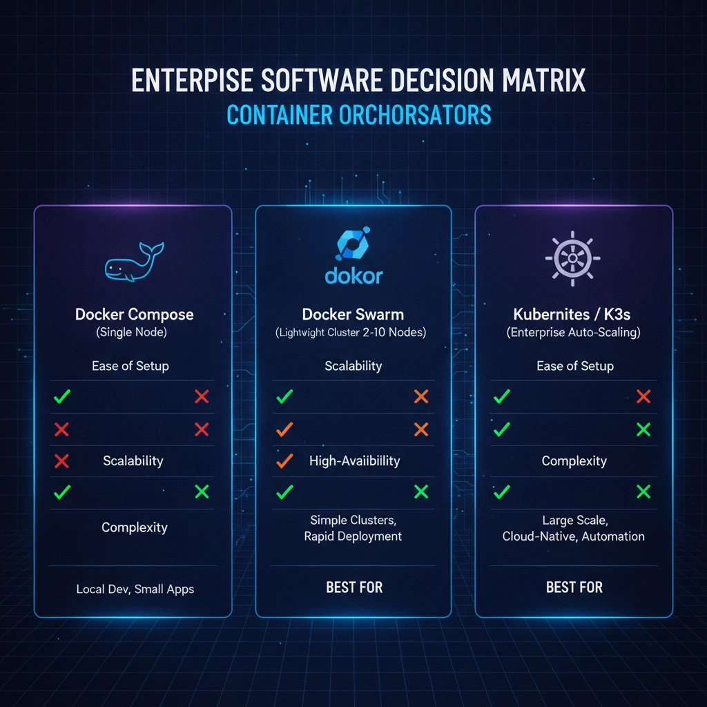 Docker Orchestration Matrix Compose vs Swarm vs Kubernetes