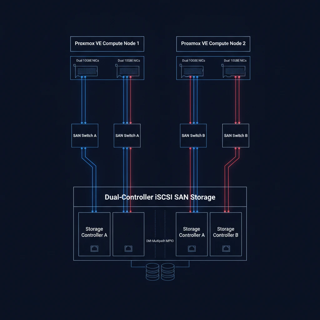 Proxmox iSCSI Multipath Storage Network Architecture