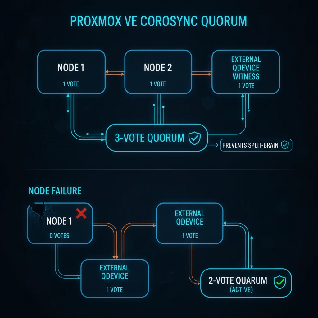 Proxmox VE Corosync QDevice Quorum Architecture Diagram